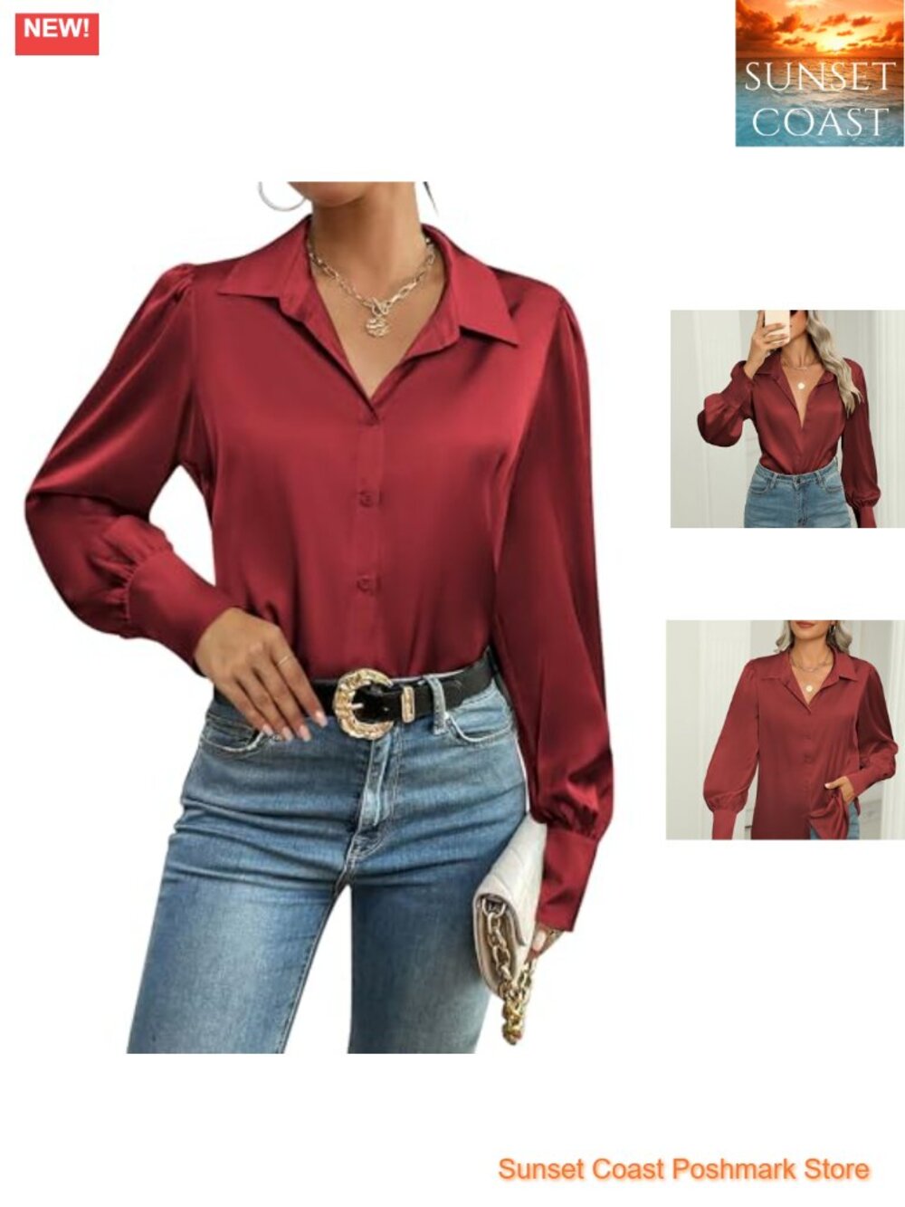Satin Button Down Blouse Lantern Long Sleeve V-Neck Tunic Work Top